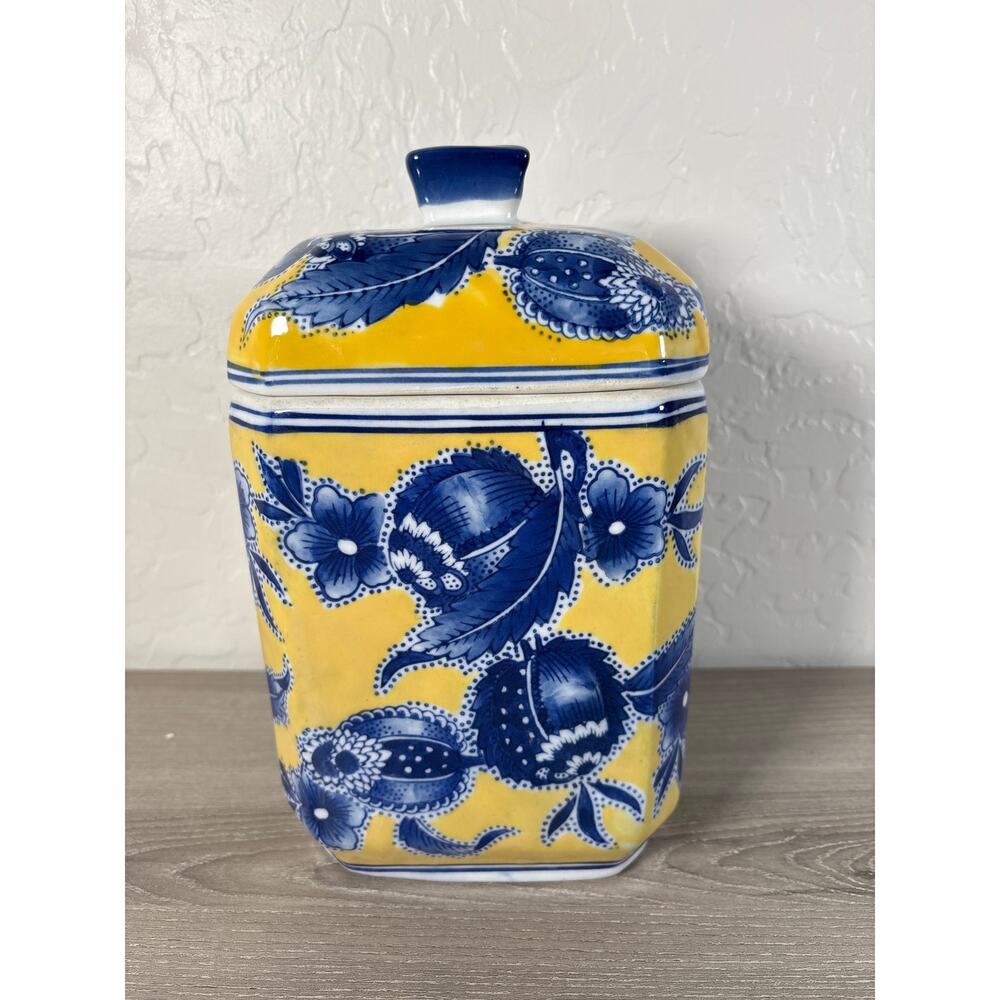 Chinese‎ Chinoiserie-Inspired BLUE & YELLOW Rectangular Lidded Canister 10" EVC